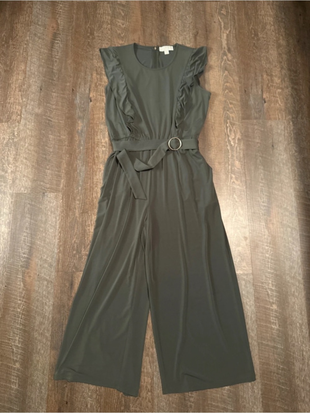 Michael Kors Olive Green Ruffle-Sleeve Wide-Leg Jumpsuit